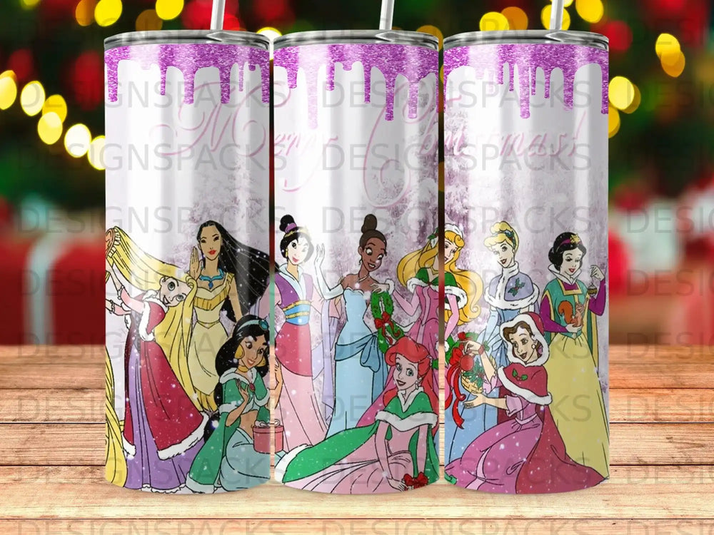 Disney princesses in festive holiday dresses holding gifts and treats.