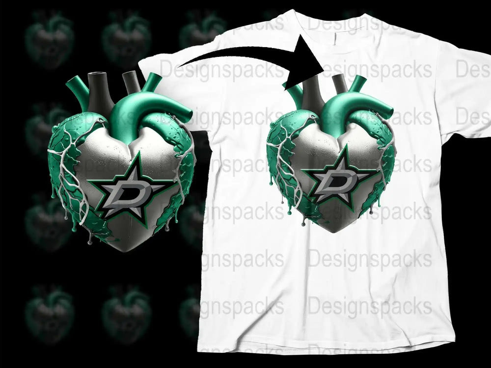 Unique Dallas Stars Heart Graphic T-Shirt, 3D Hockey Team Logo Tee, Stylish Sports Apparel for Fans