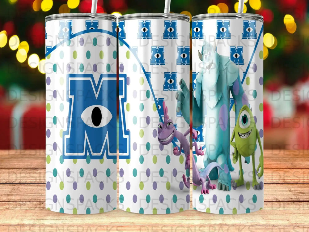 Monsters, Inc. characters Sulley and Mike Wazowski on a tumbler with blue and white pattern.