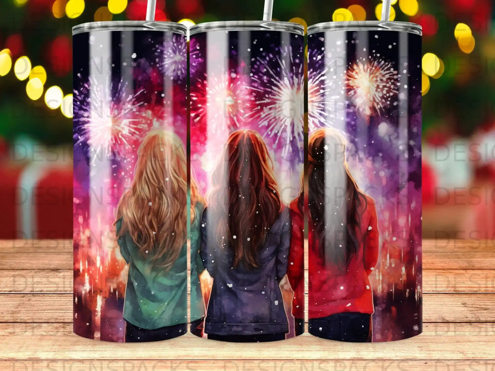 Three women watch fireworks at night, viewed from behind.