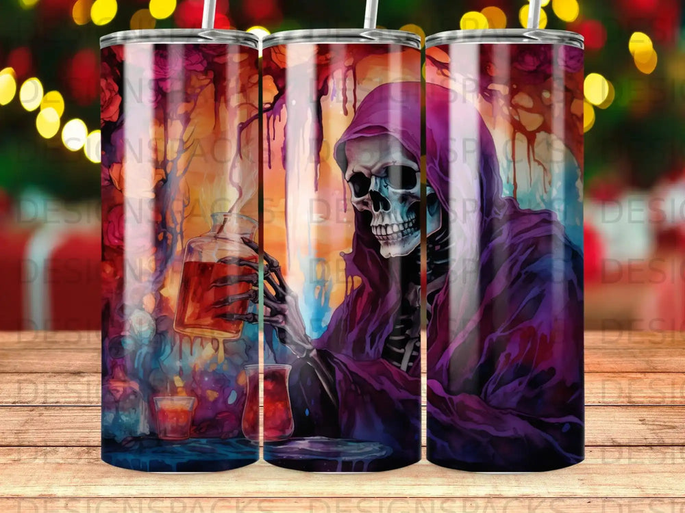 Skeleton figure holding a glass of dark liquid with mystical background.