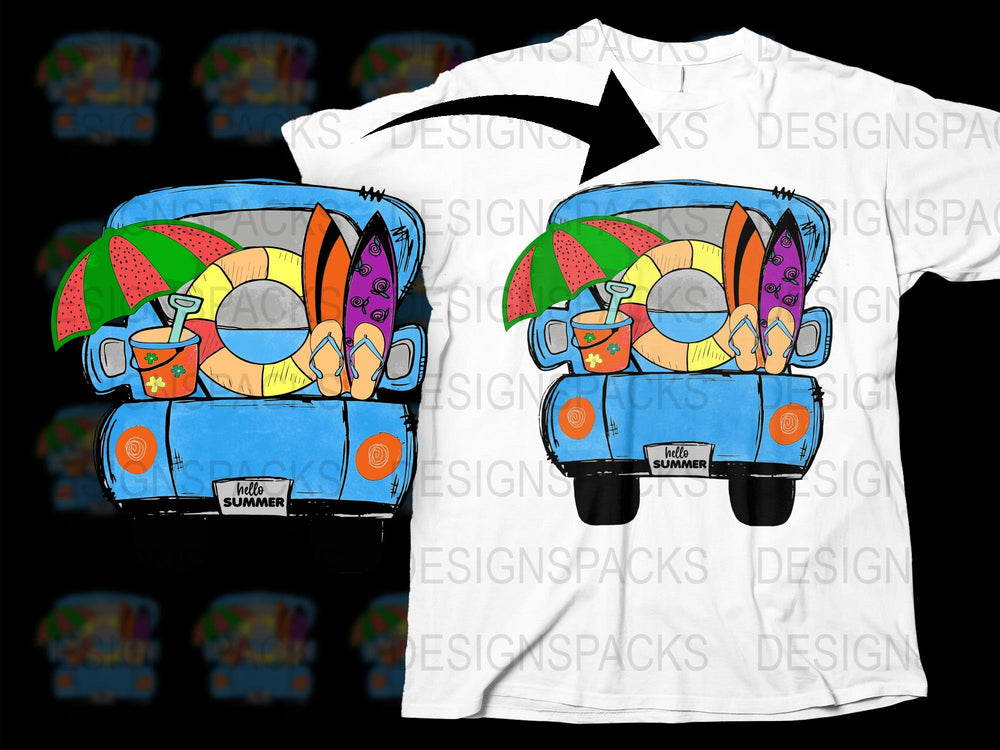 Colorful Summer Van Beach Shirt, Surfboards Umbrellas Design, Vibrant Men's Women's Kids T-shirt