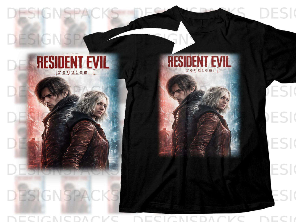 Resident Evil Requiem t-shirt with Leon and Ashley character art.
