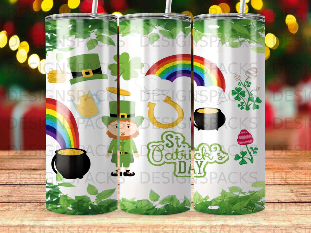 St. Patrick's Day tumbler with rainbow, pot of gold, and shamrocks.
