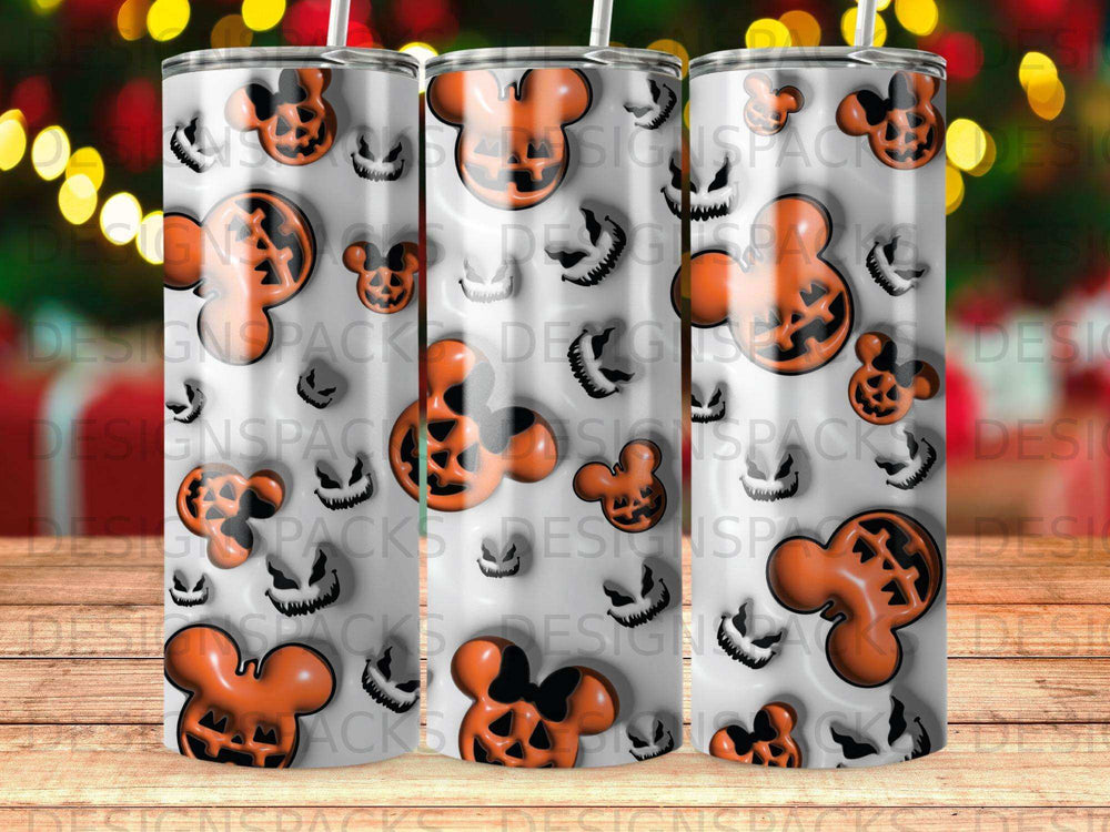 White tumbler with repeating pattern of Jack-o'-lantern Mickey Mouse faces.