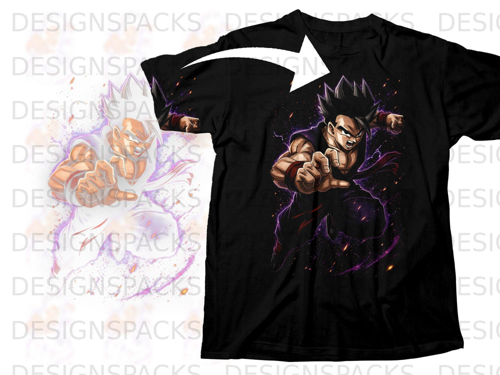Black t-shirt with anime character in purple energy aura.