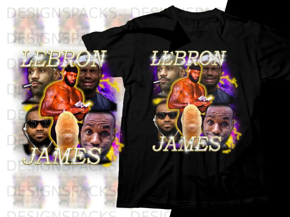 LeBron James faces collage on a black t-shirt with "LEBRON JAMES" text.