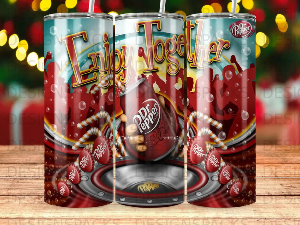 Dr Pepper cans with "Enjoy Together" text and festive crowd graphic.