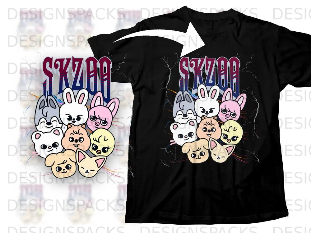 Black t-shirt with SKZOO characters and lightning bolts.