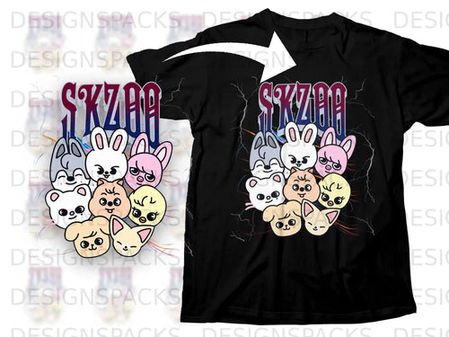 Black t-shirt with SKZOO characters and lightning bolts.