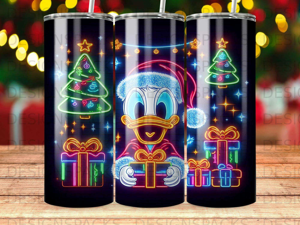 Donald Duck wearing Santa hat holds gift surrounded by neon Christmas trees and presents.
