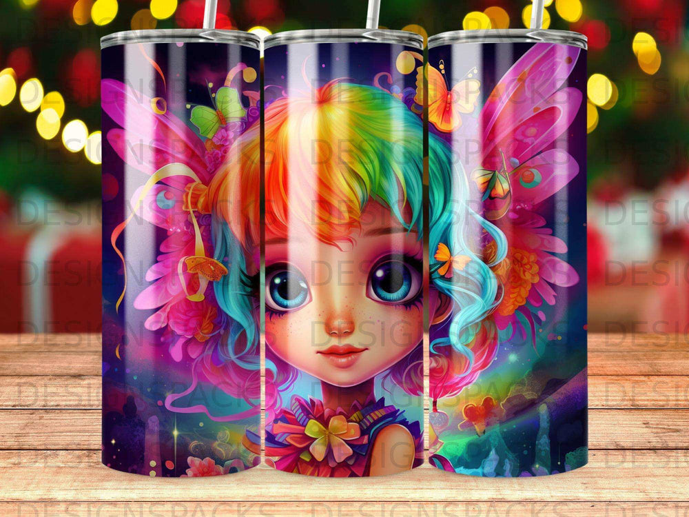 Fantasy girl with butterfly wings and colorful hair on a dark, starry background.