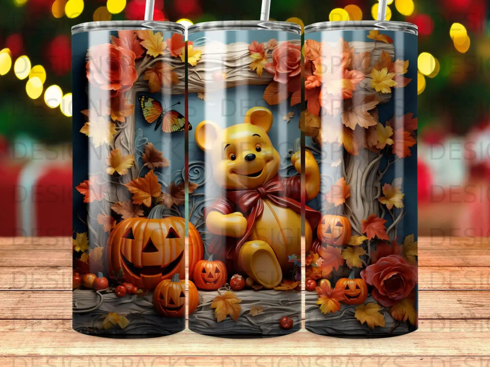 Winnie the Pooh with pumpkins and autumn leaves.