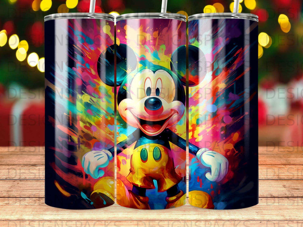 Mickey Mouse on a colorful abstract background, printed on a tumbler.
