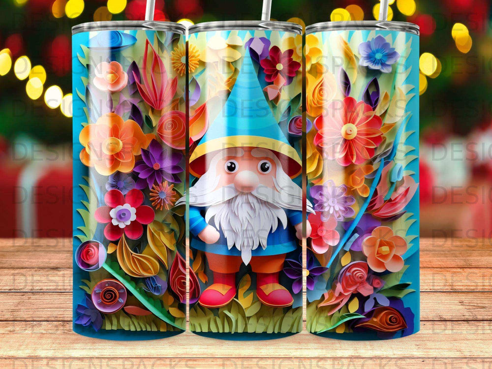 Gnome character with blue hat and coat surrounded by colorful floral elements.