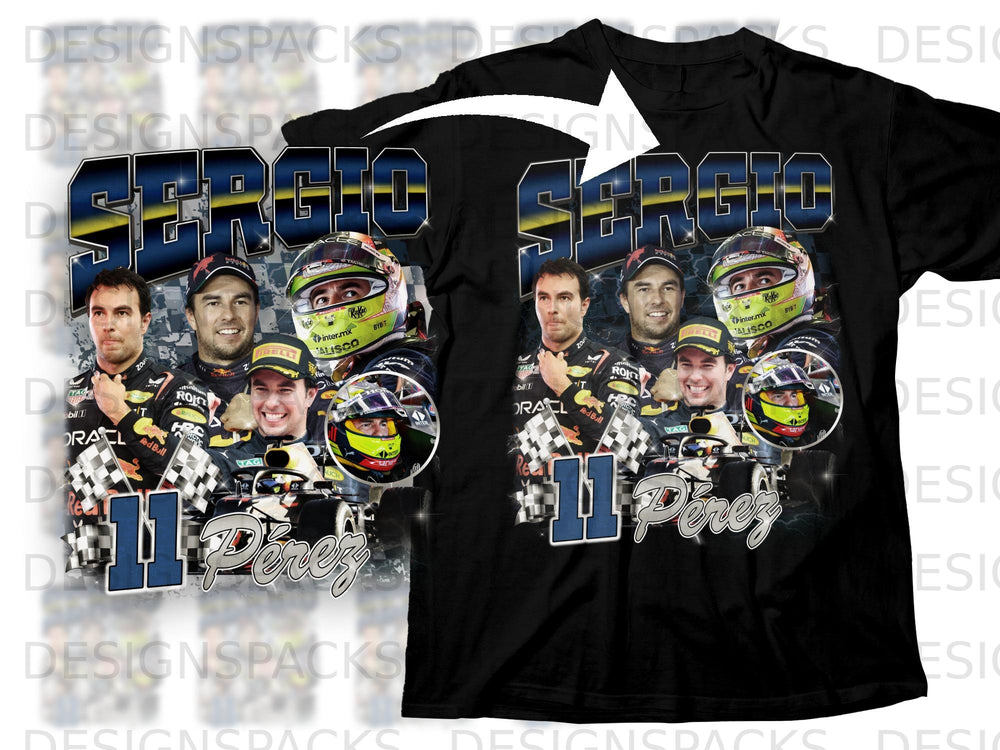 Sergio Pérez graphic on a black t-shirt with racing imagery and checkered flags.