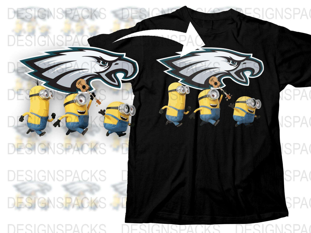 Cartoon Eagle and Minions Graphic T-Shirt, Funny Animated Character Tee, Unisex Black Shirt