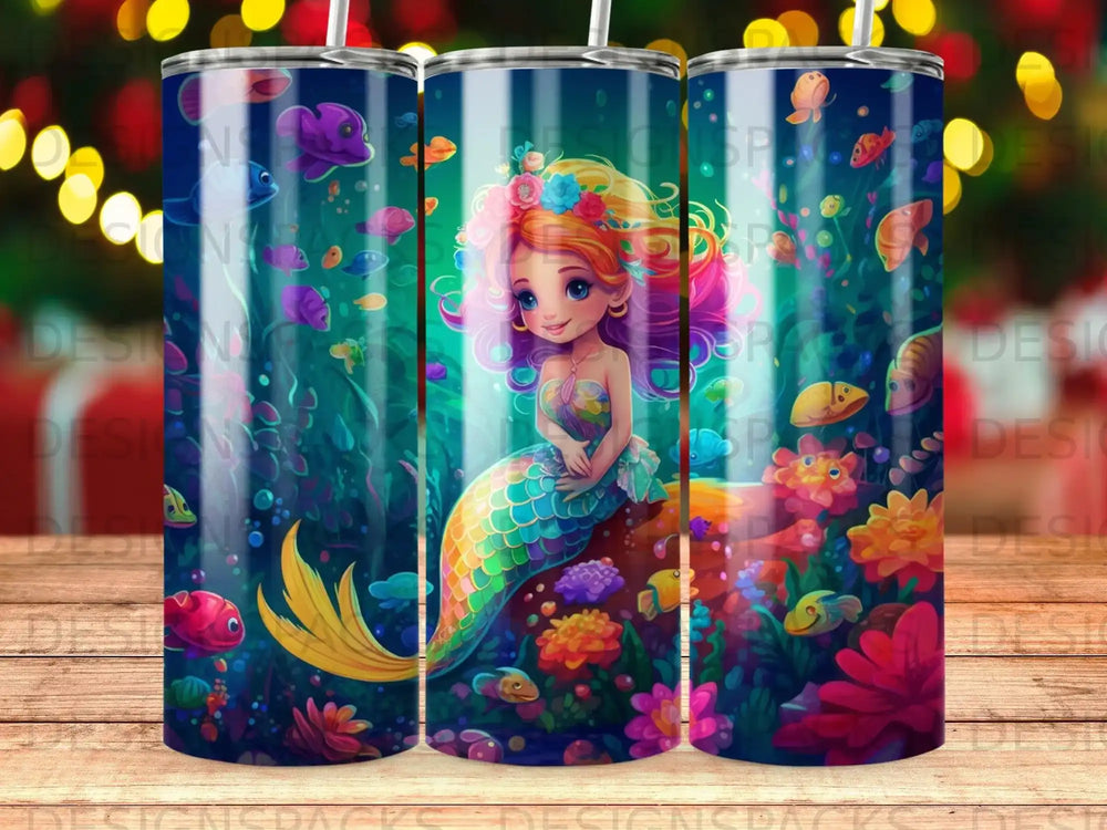 Mermaid with colorful hair and tail on seabed with coral and fish.
