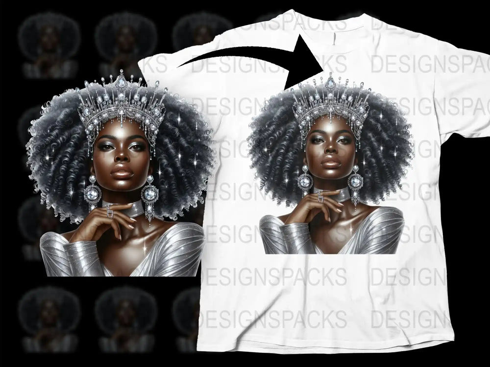 Queen Graphic T-Shirt, Afro Art, Silver Crown and Earrings, Black Woman Portrait, Fashion Tees
