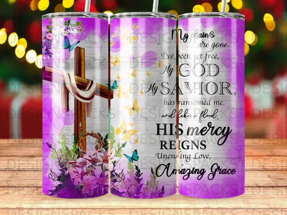 Christian tumbler with cross, flowers, butterflies, and "Amazing Grace" lyrics.