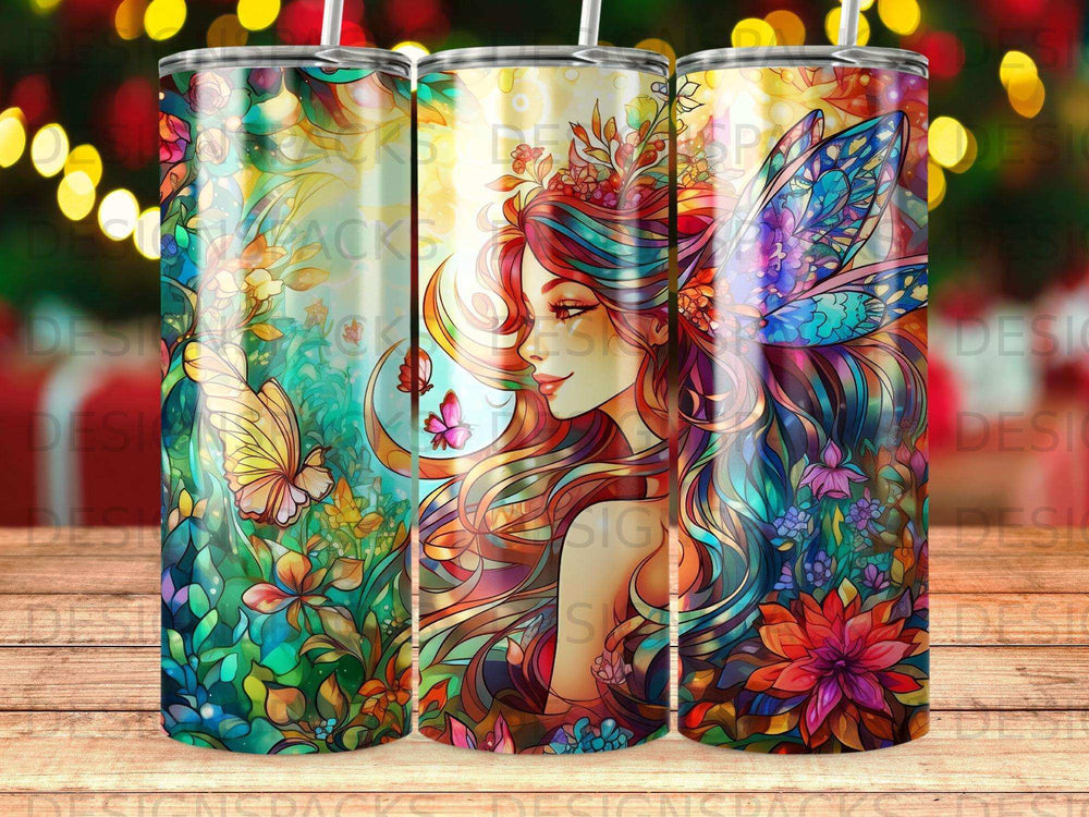 Woman with colorful flowing hair and butterfly wings, surrounded by vibrant flowers and foliage.