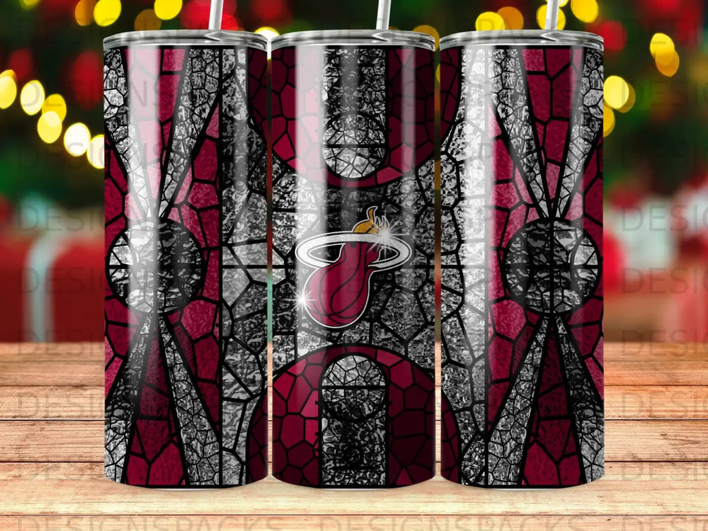 Miami Heat logo on a stained glass tumbler with metallic finish.