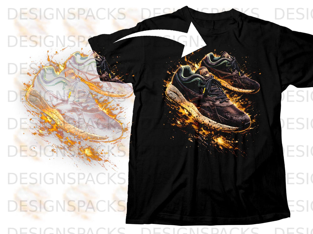 Black t-shirt featuring a graphic of two dark sneakers with fiery orange accents.