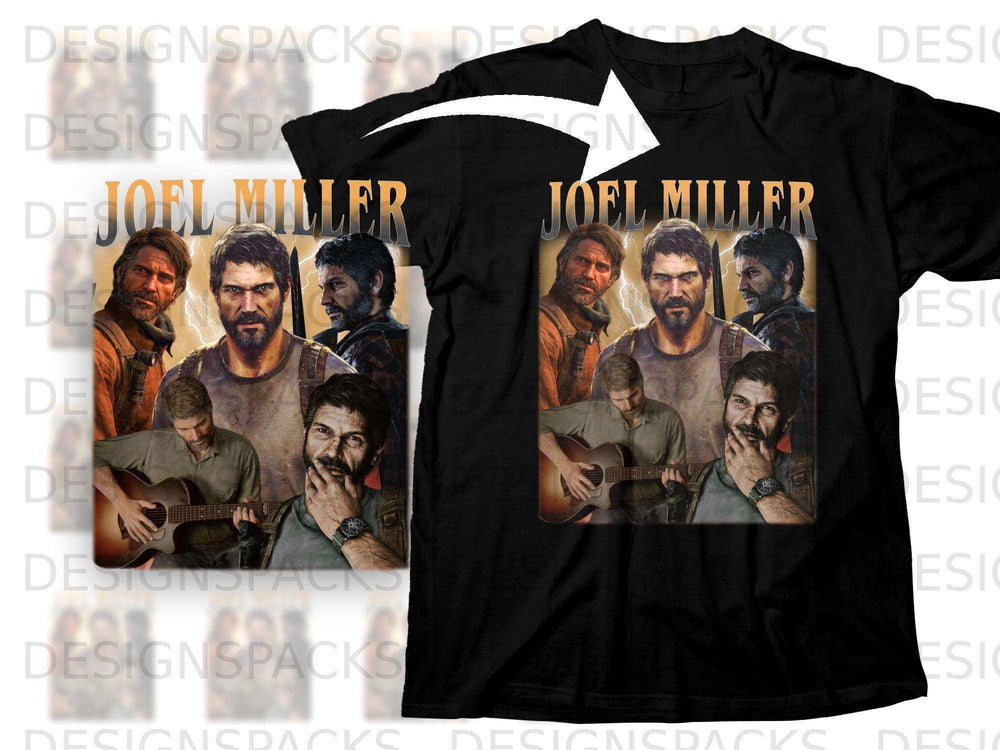 Black t-shirt featuring collage of Joel Miller from The Last of Us.