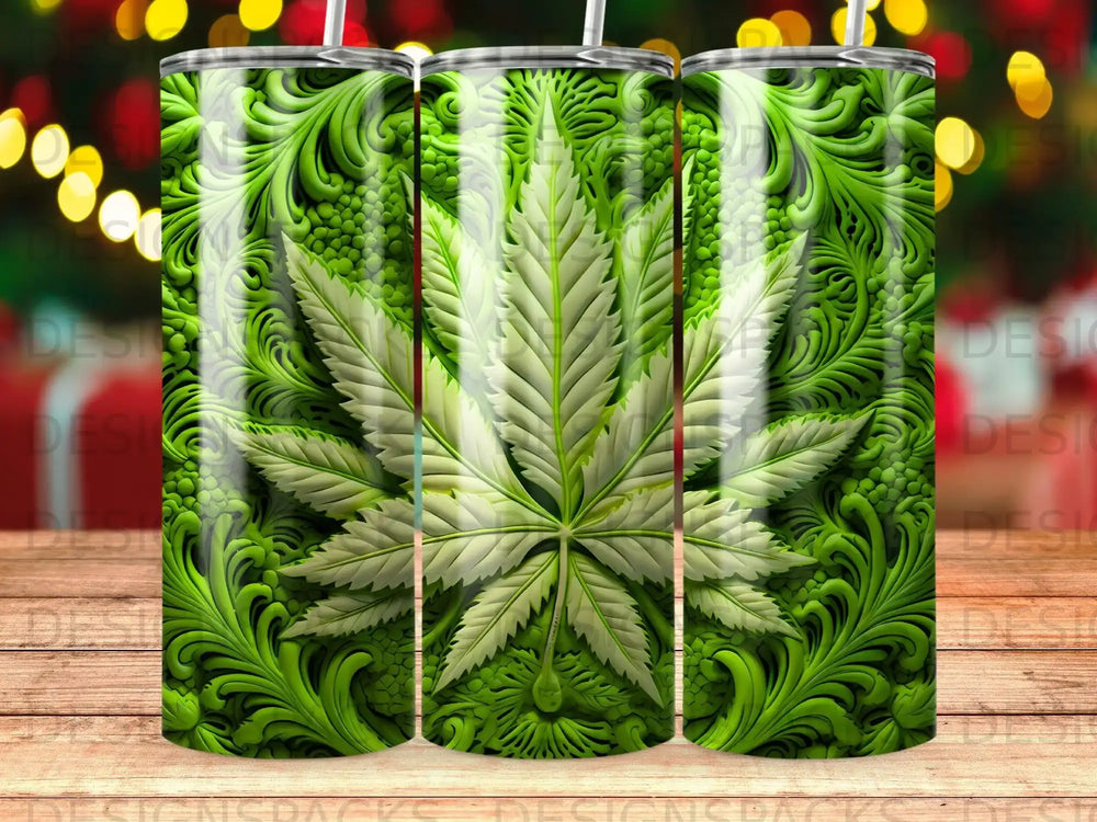 Green cannabis leaf on ornate green background, three tumblers shown.