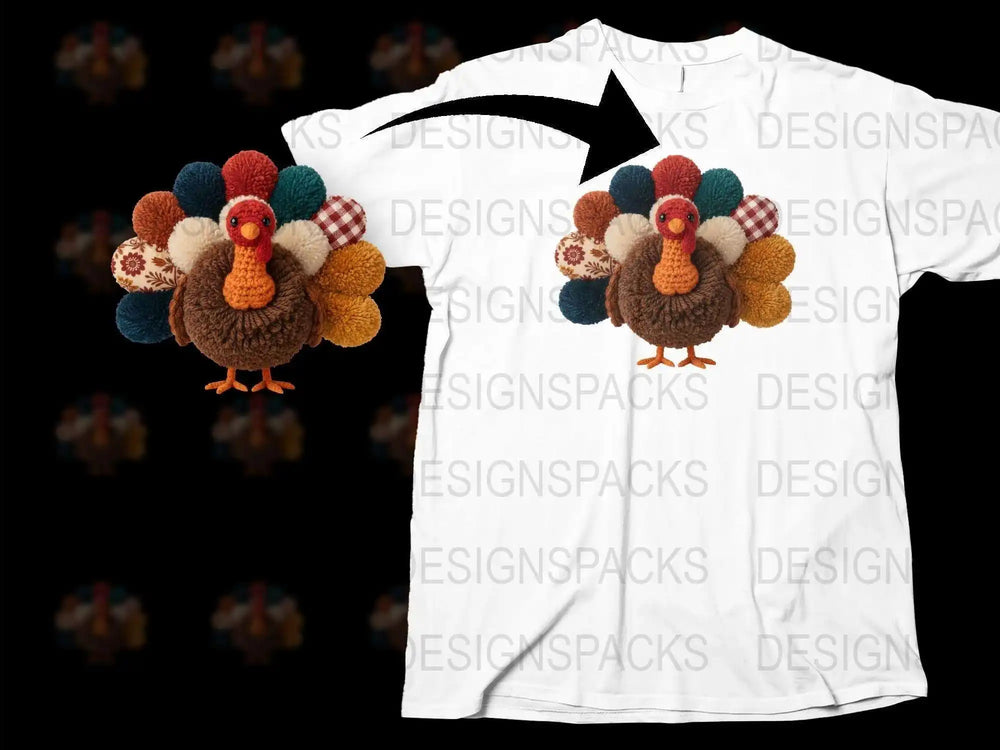 Handmade Crochet Turkey T-shirt, Thanksgiving Full Print Shirt, Unisex Fall Festival Top