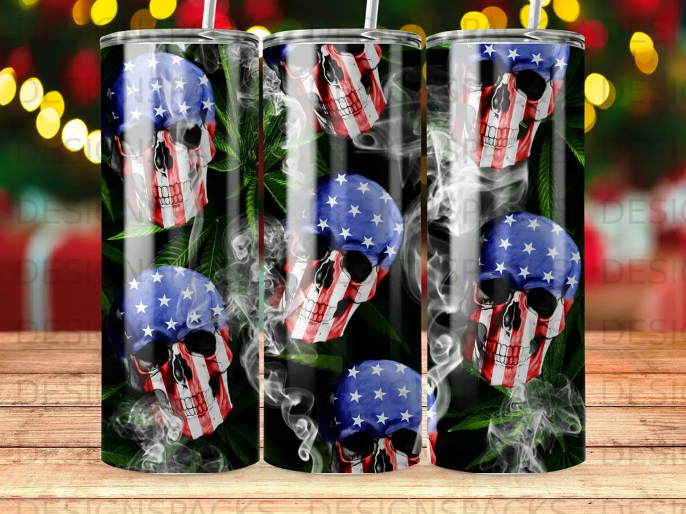 Skull with American flag design and marijuana leaves, on a black background.
