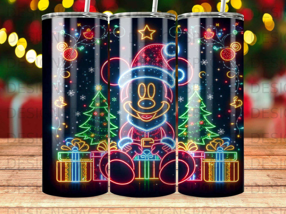 Neon Mickey Mouse in Santa hat with Christmas trees and presents.