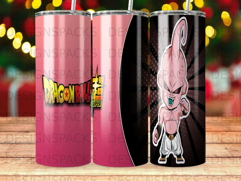 Majin Buu from Dragon Ball Z on a black tumbler, front and center.