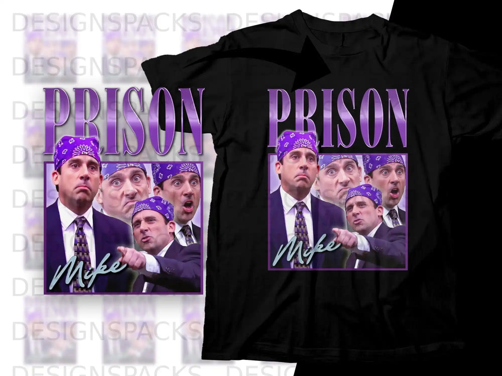 T-shirt with multiple images of Michael Scott from The Office, saying "Prison."