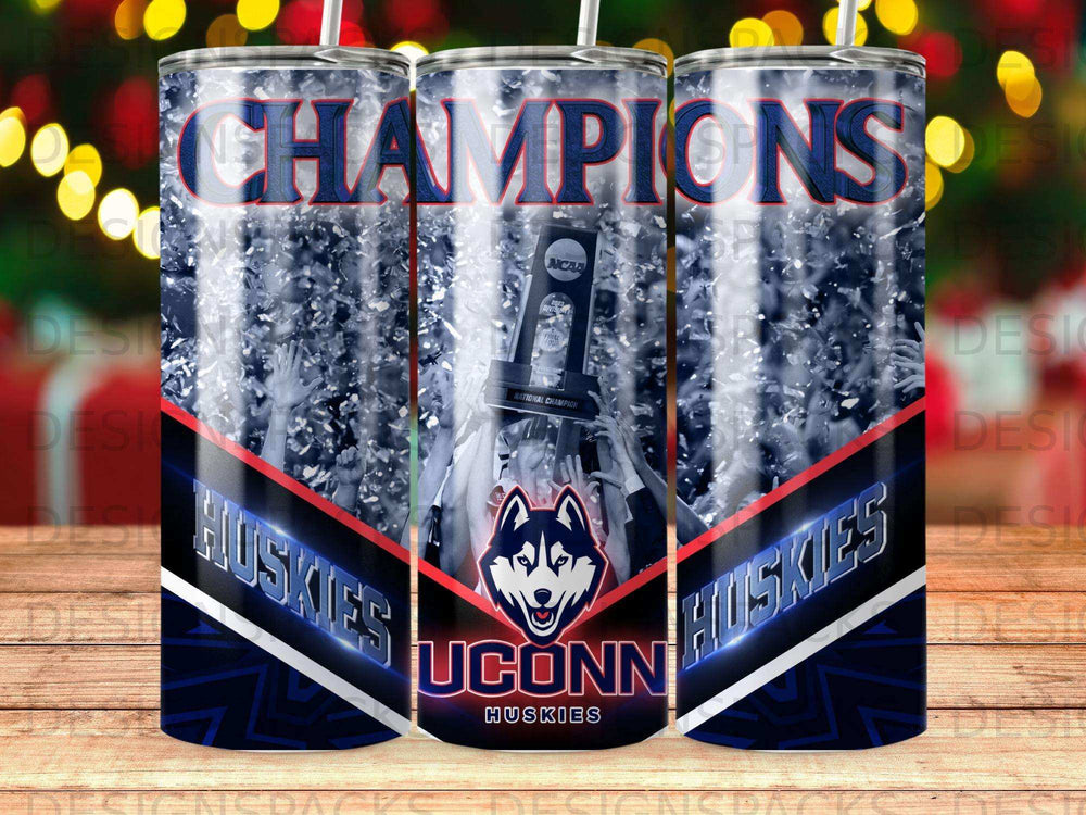 UConn Huskies 2023 National Champions trophy with confetti.