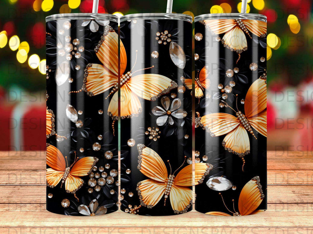 Black tumbler with shimmering orange butterflies and jewel accents.