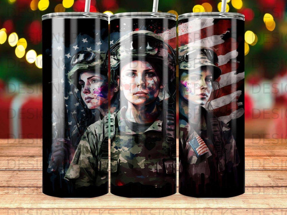 Three patriotic tumblers featuring women in military uniforms with American flag elements.