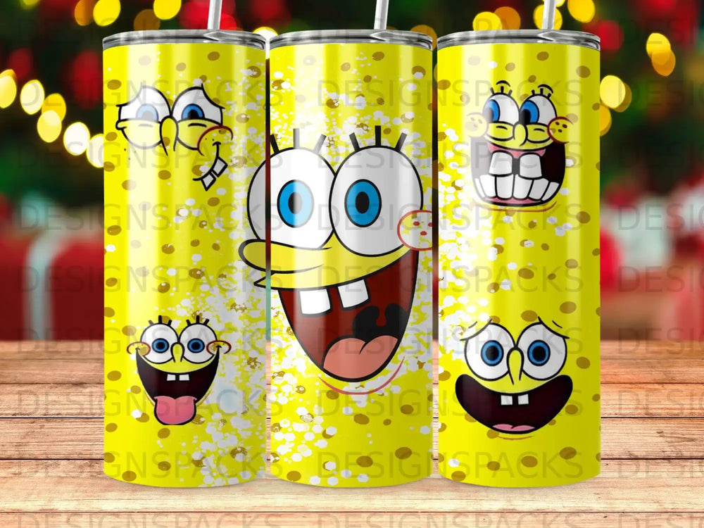 SpongeBob SquarePants characters on yellow glitter speckled background.