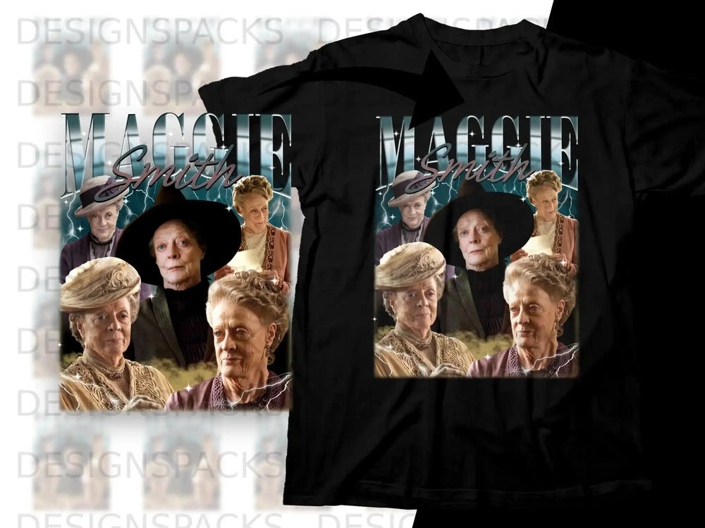Collage of Maggie Smith in various period costumes and hats.