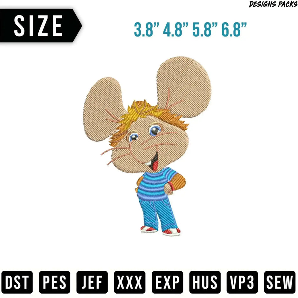 Cartoon mouse embroidery design in multiple sizes and file formats.
