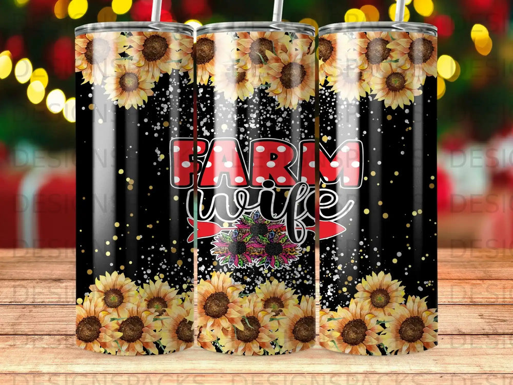 Black tumbler with sunflowers and "Farm wife" text.