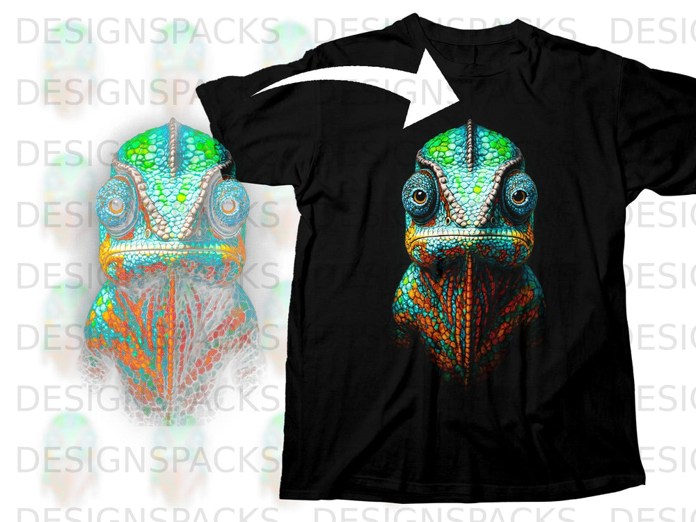 Black t-shirt with a colorful, detailed chameleon graphic on the front.