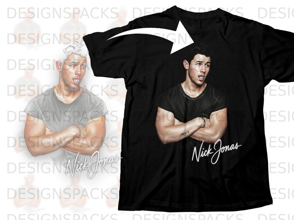 Black t-shirt with a portrait of Nick Jonas and his signature.