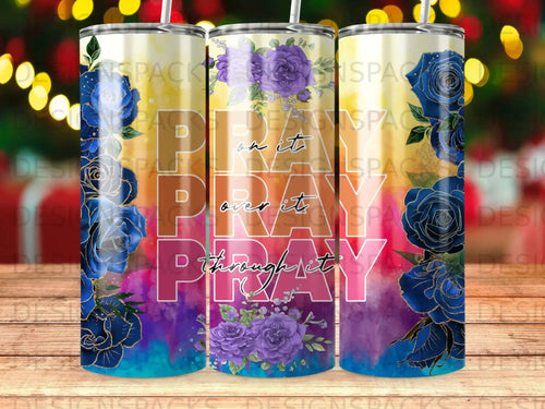 Tumbler with blue roses and purple flowers, featuring text 