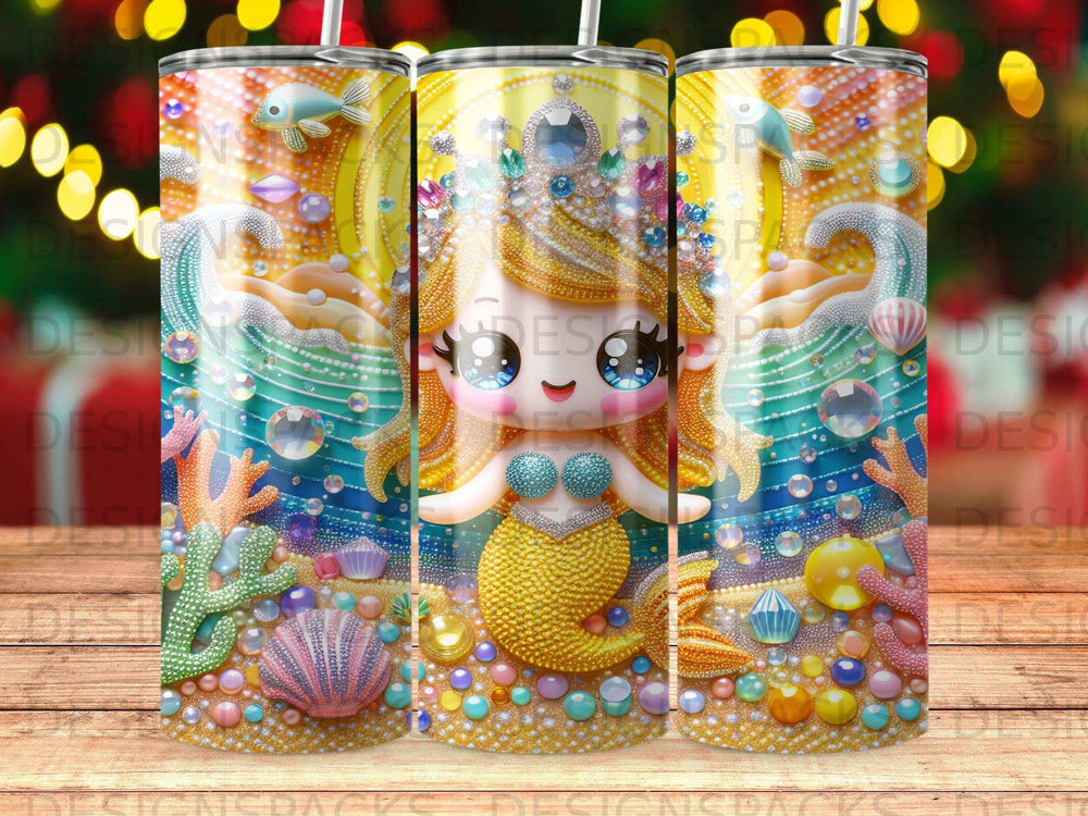 Cartoon mermaid with fish and seashells on a vibrant underwater background.