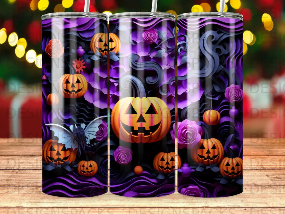 Halloween tumbler with pumpkins, bats, and roses design.
