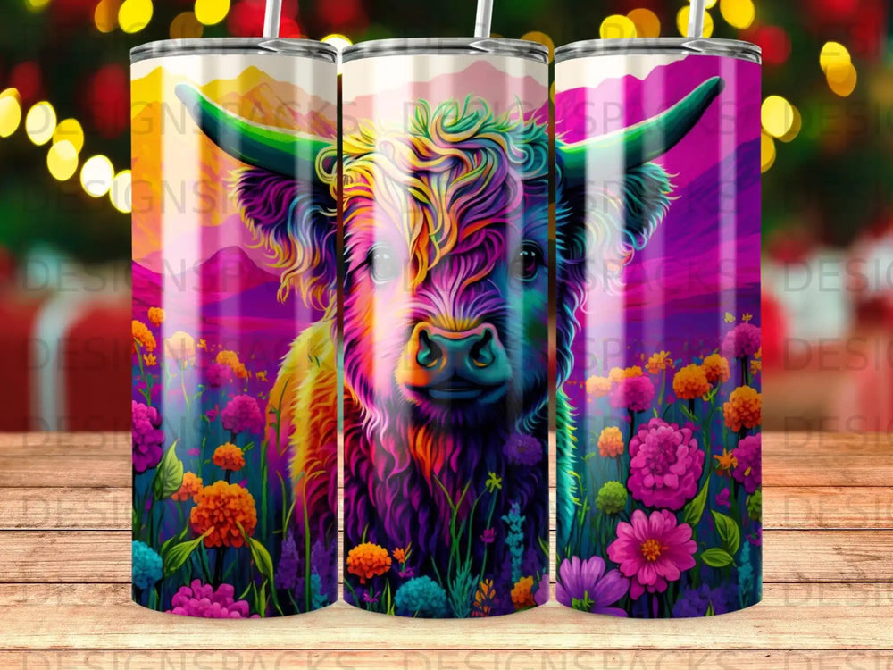 Colorful Highland cow with vibrant flowers and abstract mountain background.