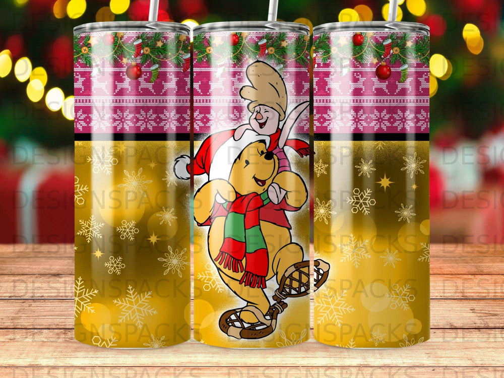 Winnie the Pooh and Piglet in Santa hats on a ski lift, Christmas pattern background.