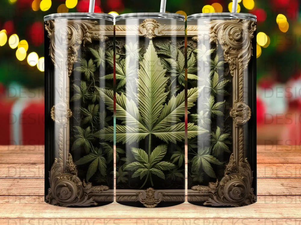 Ornate frame surrounds a detailed cannabis leaf on a dark background.