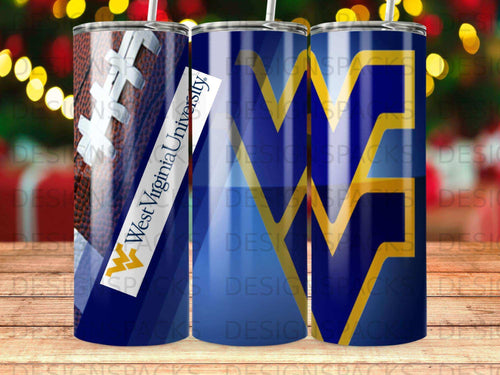 West Virginia University logo on three tall tumblers.